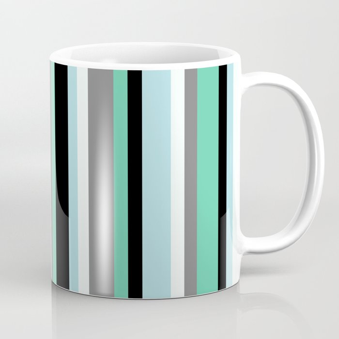 Aquamarine, Black, Powder Blue, Mint Cream, and Gray Colored Pattern of Stripes Coffee Mug