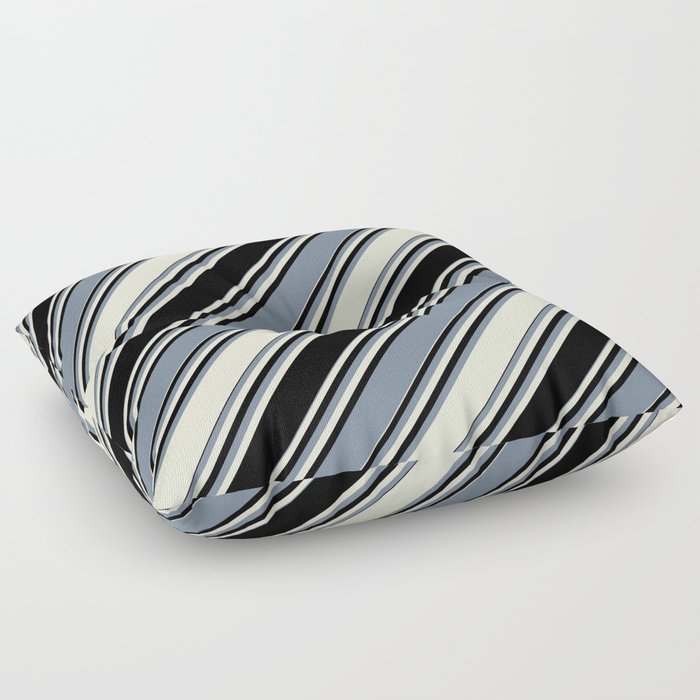 Beige, Black & Light Slate Gray Colored Stripes/Lines Pattern Floor Pillow