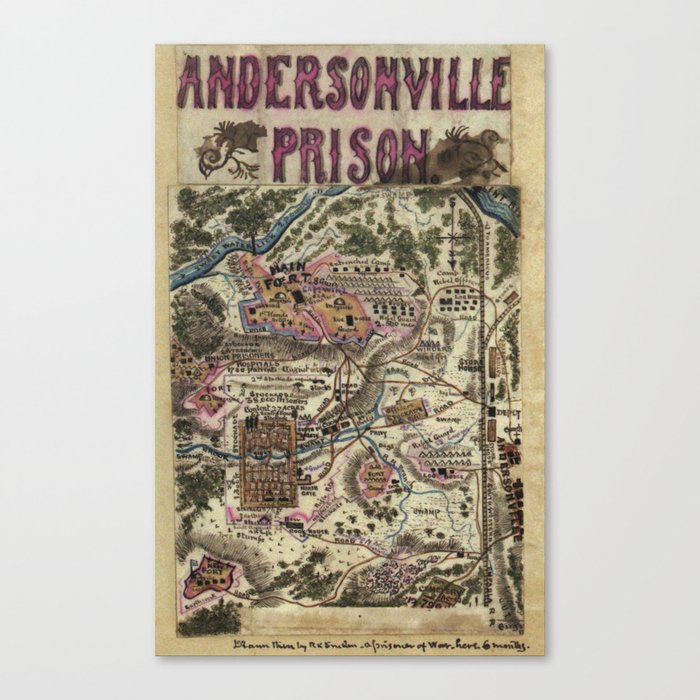 Infamous Andersonville Prison Camp (POW) Macon Country, Georgia detailed map of horrid conditions for Civil War Union prisoners vintage blueprint map Canvas Print