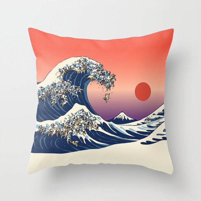 The Great Wave of Pug Throw Pillow