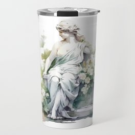 Female Goddess Statue in Garden with White Flowers Watercolor Travel Mug