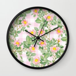 Small Vintage Pink Roses on Gingham Checkered Pattern, Retro Floral Rose Garden in Soft Pastel Blush, Yellow, Green and White Wall Clock