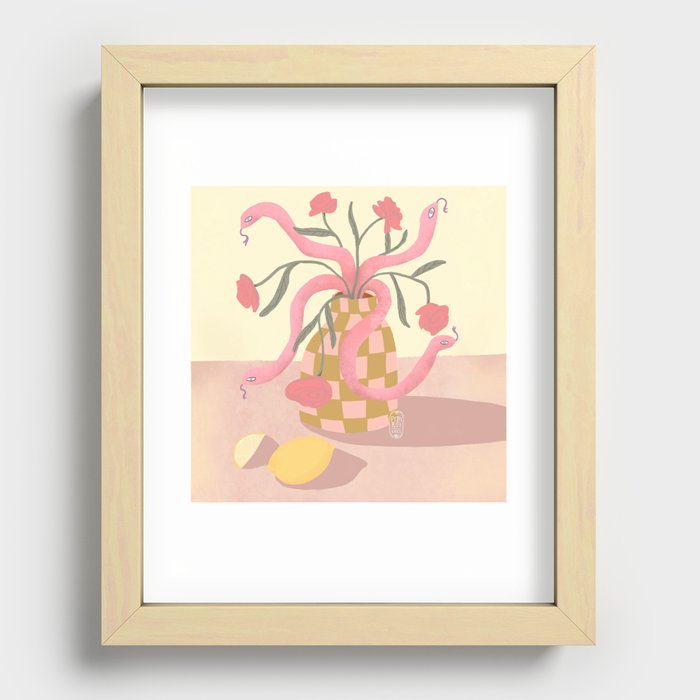 Trendy Retro Checkerd Flower Vase Stilllife with Snakes and Lemons  Recessed Framed Print