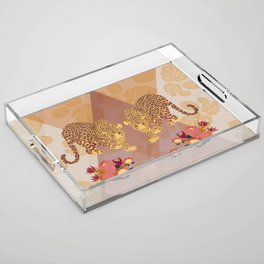 Two Leopards on Gold Geo Pink Floral Jungle Acrylic Tray