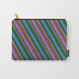 [ Thumbnail: Purple, Brown, Royal Blue & Dark Green Colored Stripes Pattern Carry-All Pouch ]