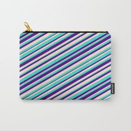 [ Thumbnail: Turquoise, Indigo, and Beige Colored Lines/Stripes Pattern Carry-All Pouch ]