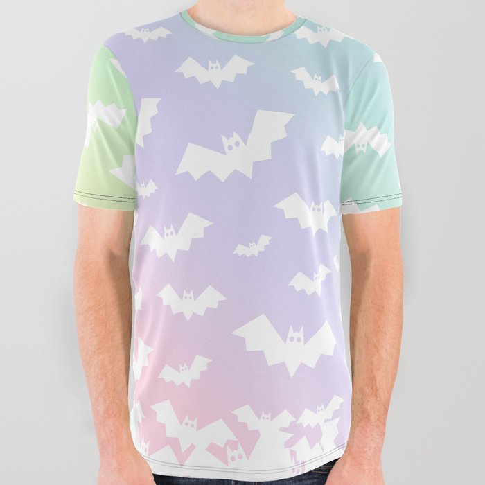 Geometric Pastel Light Rainbow Bats Pattern Design All Over Graphic Tee