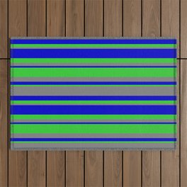 [ Thumbnail: Blue, Lime Green & Gray Colored Lined/Striped Pattern Outdoor Rug ]