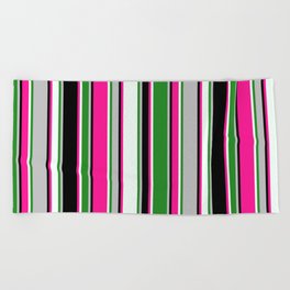 [ Thumbnail: Eyecatching Grey, Forest Green, Mint Cream, Deep Pink, and Black Colored Pattern of Stripes Beach Towel ]