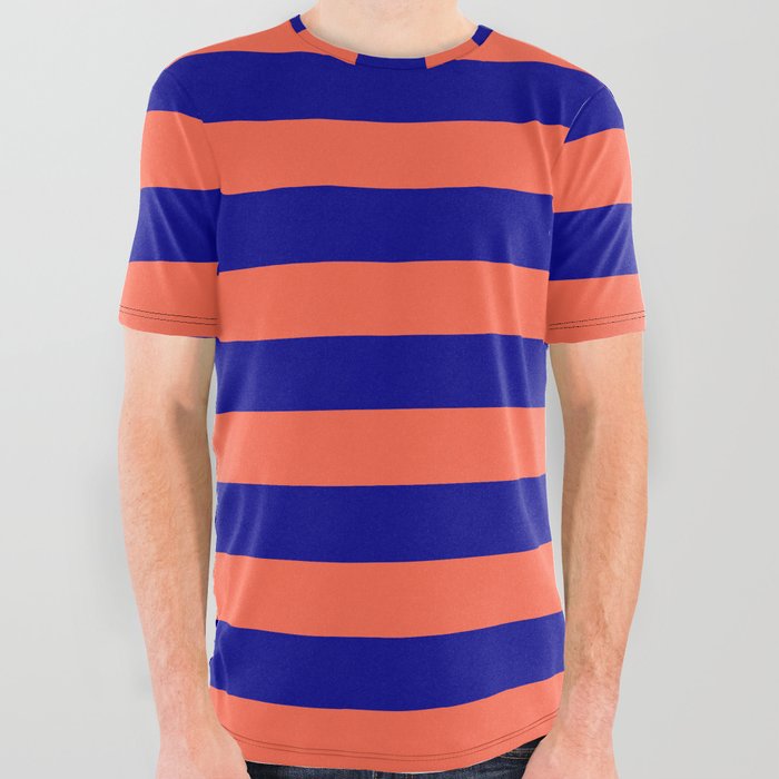 Red and Dark Blue Colored Lines/Stripes Pattern All Over Graphic Tee