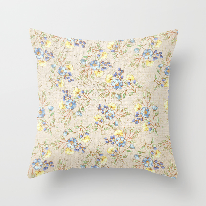 Vintage Ivory Linen Blue Yellow Gold Floral Pattern Throw Pillow