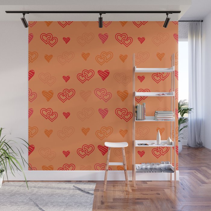 Hearts on a orange background. For Valentine's Day. Vector drawing for February 14th. SEAMLESS PATTERN WITH HEARTS. Anniversary drawing. For wallpaper, background, postcards. Wall Mural