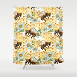 Bees and Honeycomb summer floral print Shower Curtain