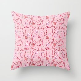 Peppermint Everything Holiday in Pink Background Throw Pillow