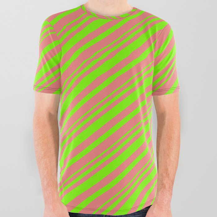 Light Coral & Green Colored Striped Pattern All Over Graphic Tee