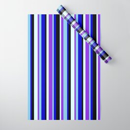[ Thumbnail: Vibrant Light Cyan, Purple, Sky Blue, Blue & Black Colored Stripes/Lines Pattern Wrapping Paper ]