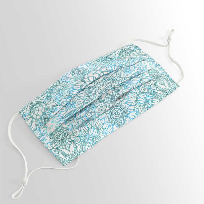 Turquoise Blue, Teal & White Protea Doodle Pattern Face Mask