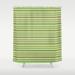[ Thumbnail: Green, Lavender, Sienna & Light Green Colored Striped/Lined Pattern Shower Curtain ]