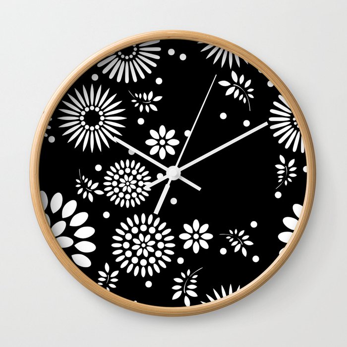 Black and white seamless floral pattern Wall Clock