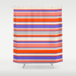 [ Thumbnail: Eye-catching Slate Blue, Grey, Beige, Salmon, and Red Colored Striped Pattern Shower Curtain ]