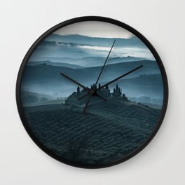 One cold day in Toscany Wall Clock | Landscape, Photo, Outside, Magic, Foggy, Cold, Meadows, Dawn, Travel, Tuscany 