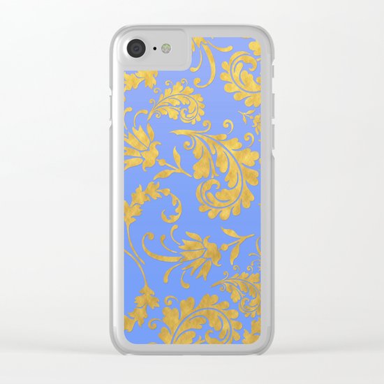 Queenlike- gold floral ornaments on blue backround-luxury pattern Clear iPhone Case