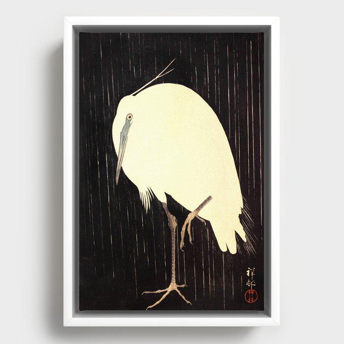 Koson Ohara - White Heron standing in the Rain - Japanese Vintage Ukiyo-e Woodblock Painting Framed Canvas