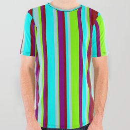[ Thumbnail: Cyan, Powder Blue, Chartreuse, Purple & Dark Red Colored Lines/Stripes Pattern All Over Graphic Tee ]