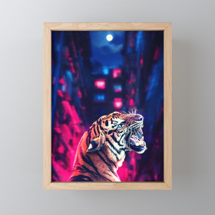 Tiger Moody Neon Vibes Framed Mini Art Print by Dafin