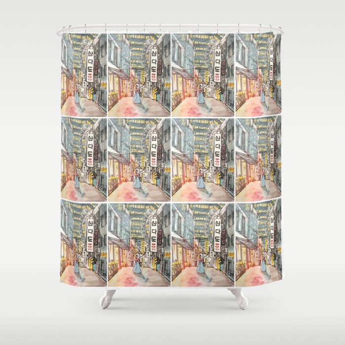 South Korean street cafe  shops illustration with girl in hanbok Shower Curtain