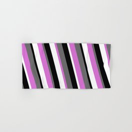 [ Thumbnail: Dim Gray, Orchid, White & Black Colored Stripes/Lines Pattern Hand & Bath Towel ]