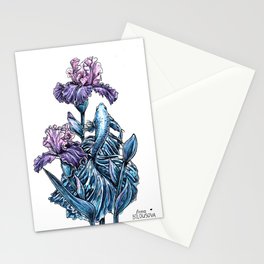 Calming picture, blue decorative cockerel fish, purple iris flowers illustration Stationery Card