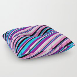 [ Thumbnail: Eyecatching Deep Sky Blue, Purple, Light Grey, Hot Pink, and Black Colored Lined Pattern Floor Pillow ]
