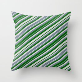 [ Thumbnail: Slate Gray, Dark Green & Light Gray Colored Striped/Lined Pattern Throw Pillow ]