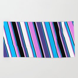[ Thumbnail: Deep Sky Blue, Dark Slate Blue, Violet, White & Black Colored Lines/Stripes Pattern Beach Towel ]