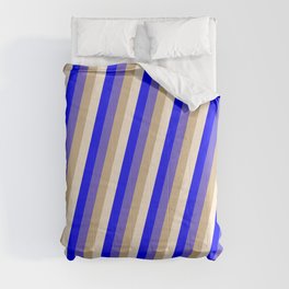 [ Thumbnail: Slate Blue, Tan, Beige & Blue Colored Lined Pattern Comforter ]