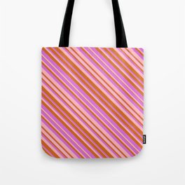 [ Thumbnail: Chocolate, Orchid & Light Pink Colored Lined/Striped Pattern Tote Bag ]
