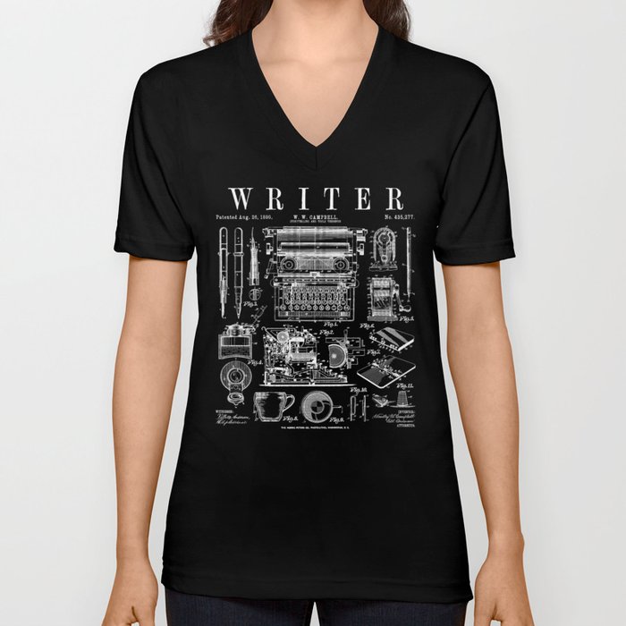 Writer Author Novelist Bookish Writing Tools Vintage Patent V Neck T Shirt