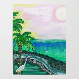 Tropical Ocean View with Egret Poster