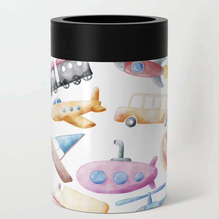 Transportation Kids Watercolor Pattern Illustration Can Cooler