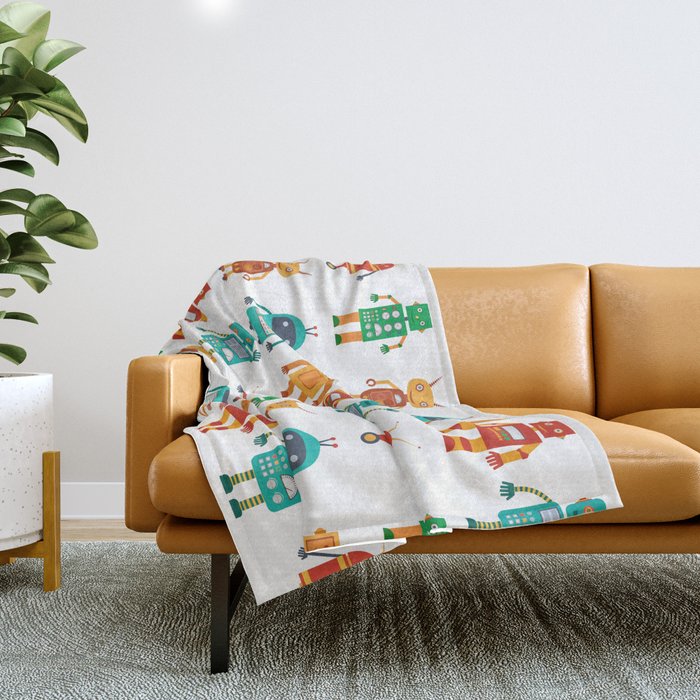 Seamless pattern from colorful retro robots in a flat style on a white background. Vintage illustration.  Throw Blanket