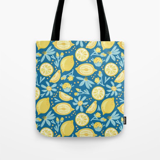 Lemon Pattern Blue Tote Bag