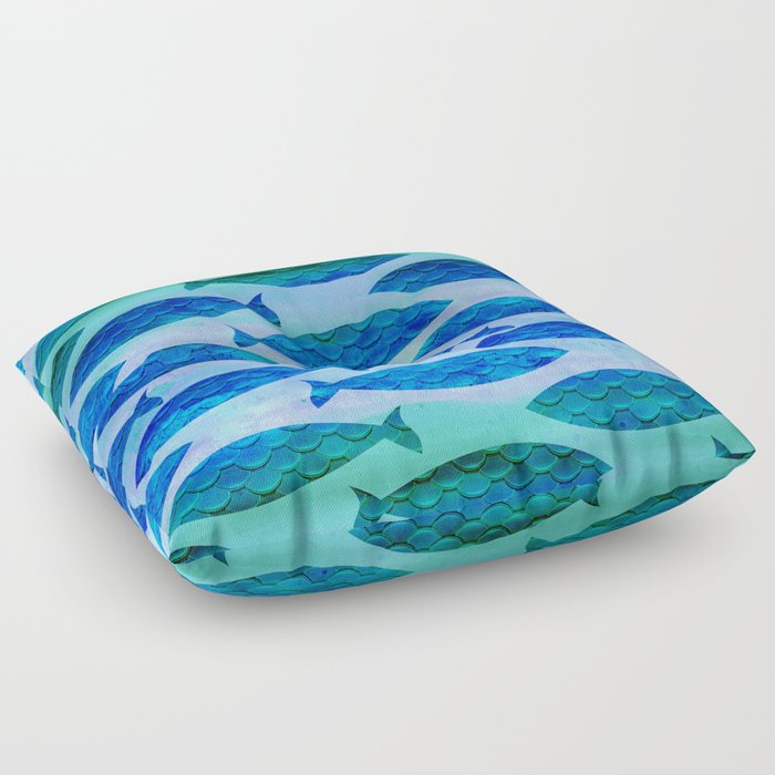 Blue Turquoise Green Watercolor Fish Pattern Floor Pillow