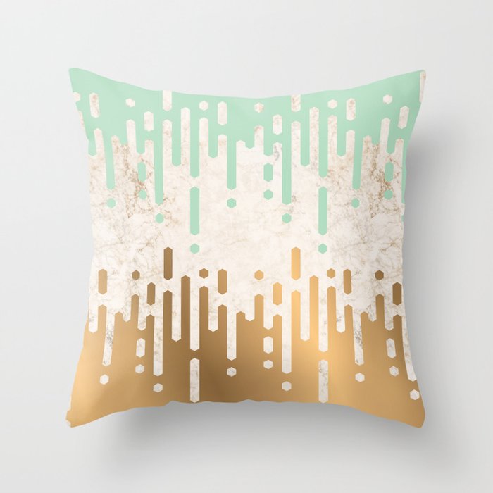 Marble and Geometric Diamond Drips, in Gold and Mint Throw Pillow