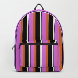 [ Thumbnail: Orchid, Chocolate, Black, Beige & Midnight Blue Colored Lined/Striped Pattern Backpack ]