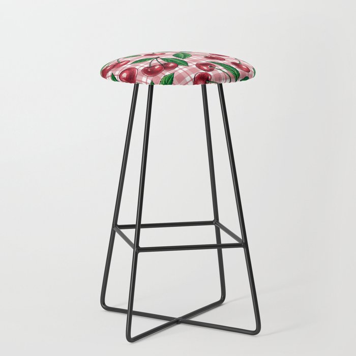 Red cherries on pink gingham Bar Stool