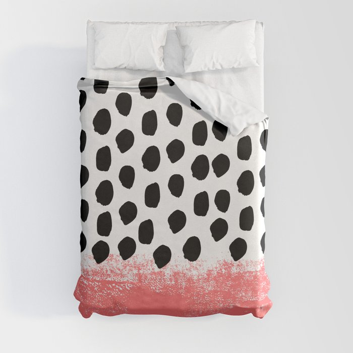 Lola - painted dot minimal coral black and white trendy abstract home decor Duvet Cover