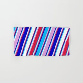 [ Thumbnail: Colorful Plum, Crimson, Blue, Deep Sky Blue, and Mint Cream Colored Lined/Striped Pattern Hand & Bath Towel ]