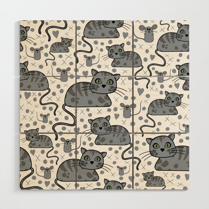 Cute Tabby cat and mouse pattern Wood Wall Art