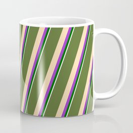 [ Thumbnail: Dark Olive Green, Tan, Dark Orchid, Dark Green, and White Colored Striped/Lined Pattern Coffee Mug ]
